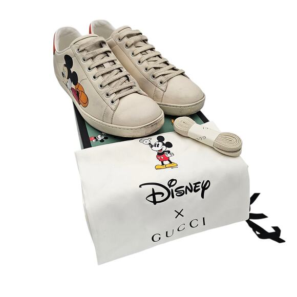 Gucci Ace Sneaker Disney Mickey Mouse Beige Orange Low Top Size 38.5 US 8.5 - Picture 2 of 11